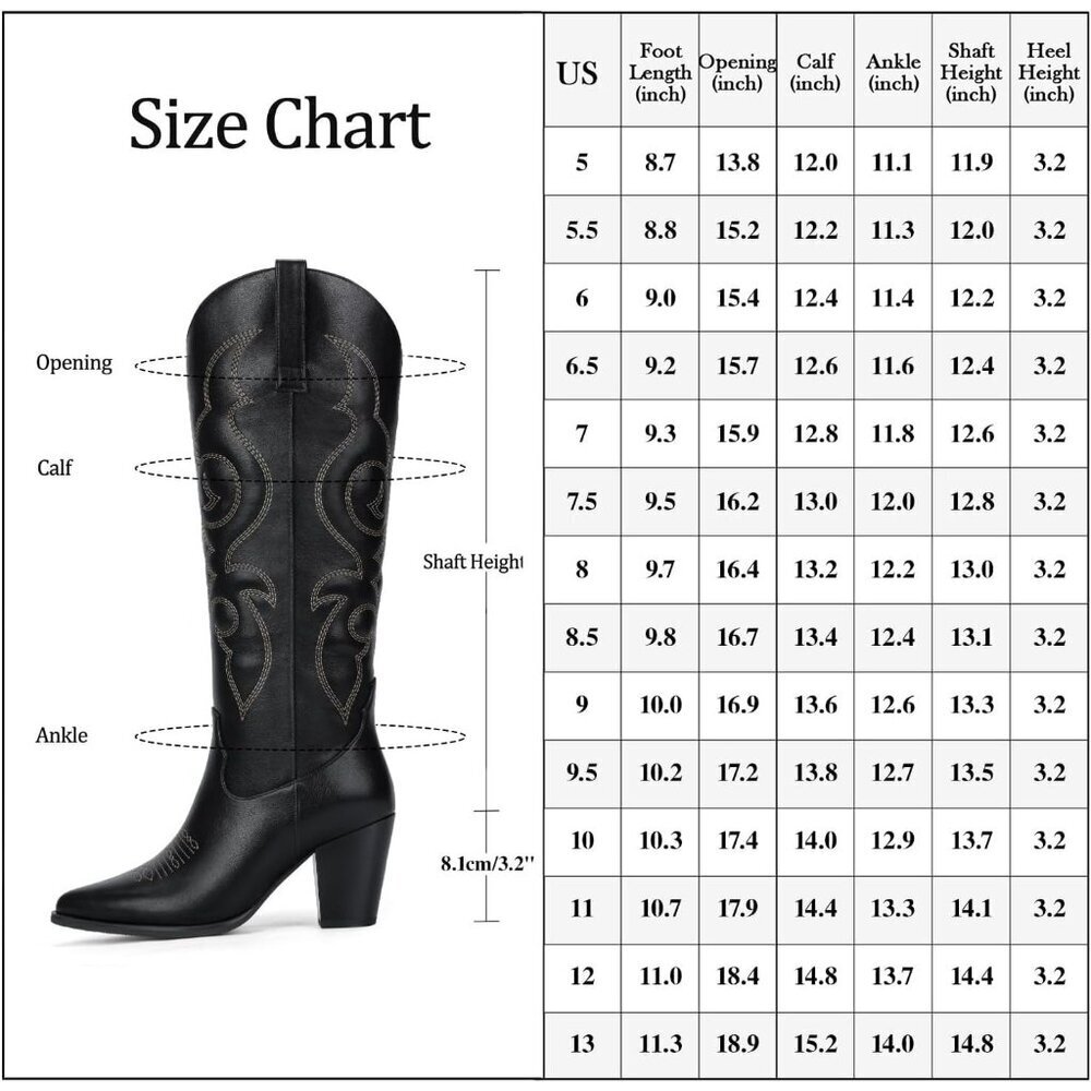 Women's Black Western Knee High Side Zipper Pointed Toe Block Heel Boots - Picture 6 of 6